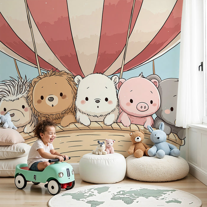 Papel pintado infantil | Lindos animales en globo aerostático en un cielo soleado