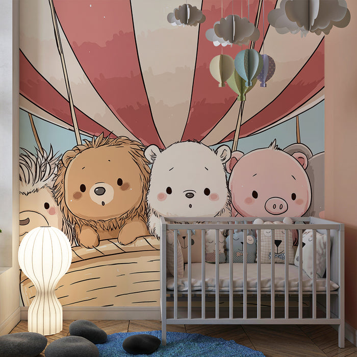 Papel pintado infantil | Lindos animales en globo aerostático en un cielo soleado