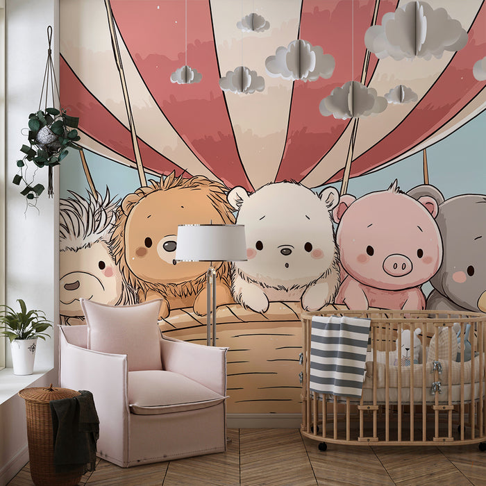 Papel pintado infantil | Lindos animales en globo aerostático en un cielo soleado