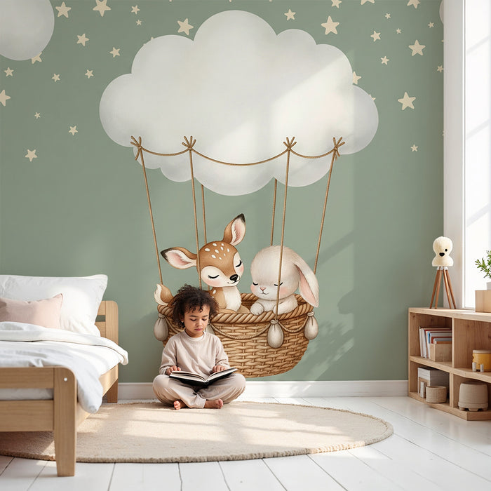 Papier peint chambre bébé | Animaux mignons en montgolfière sous les étoiles