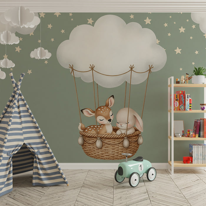 Papier peint chambre bébé | Animaux mignons en montgolfière sous les étoiles
