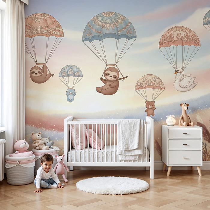 Babykamer behang | Schattige dieren in een parachute op een pastel achtergrond