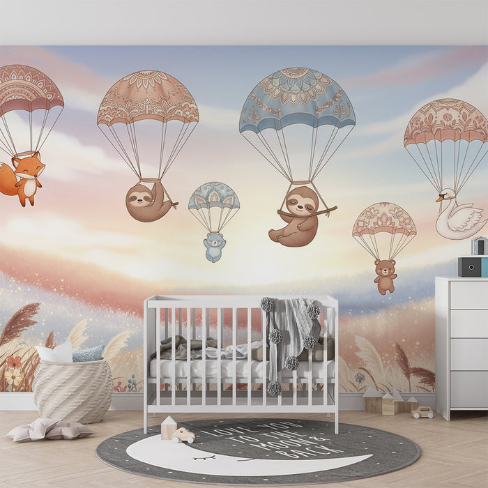Babykamer behang | Schattige dieren in een parachute op een pastel achtergrond