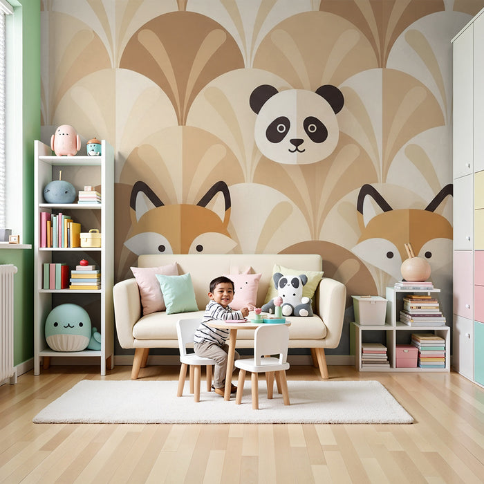 Børneværelse tapet | Søde dyr i bløde toner med geometriske mønstre