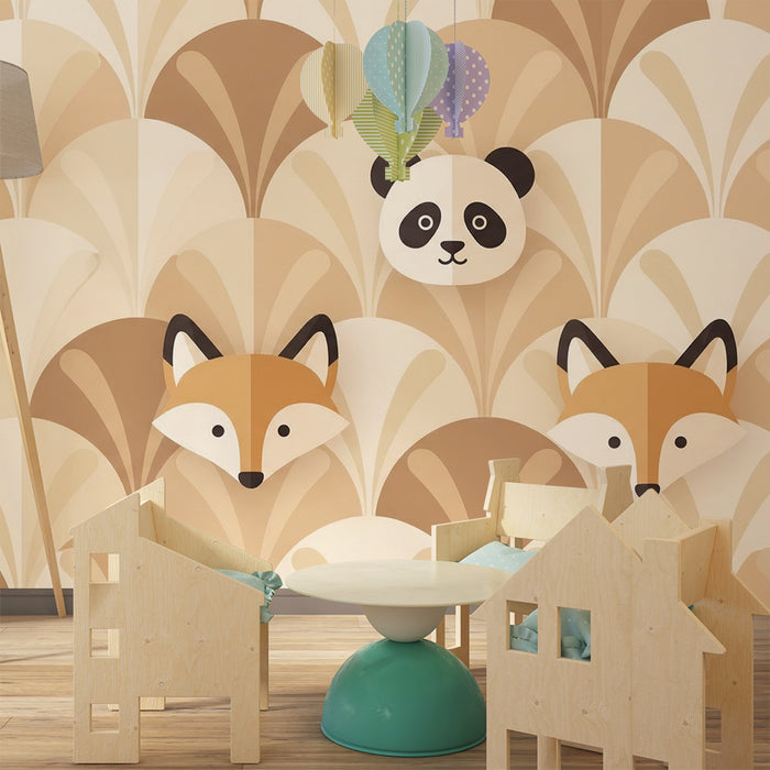 Børneværelse tapet | Søde dyr i bløde toner med geometriske mønstre