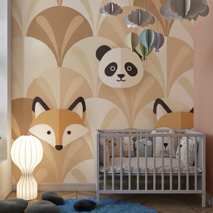 Børneværelse tapet | Søde dyr i bløde toner med geometriske mønstre
