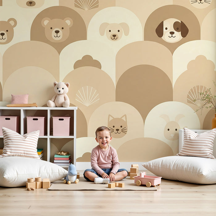 Lastenhuoneen tapetti | Suloiset eläimet neutraaleissa sävyissä pehmeän tunnelman luomiseksi