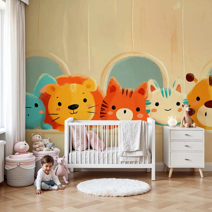 Papier peint chambre bébé | Animaux mignons et colorés en fête