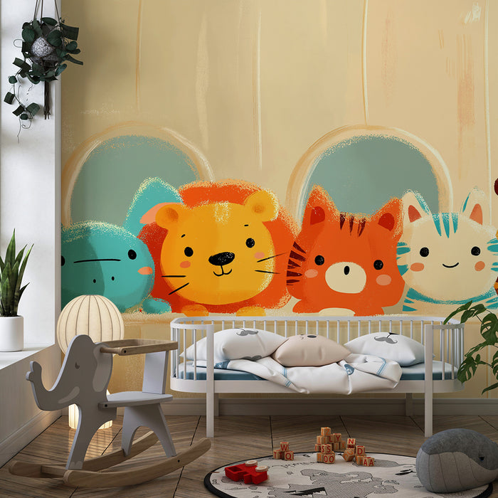 Papier peint chambre bébé | Animaux mignons et colorés en fête
