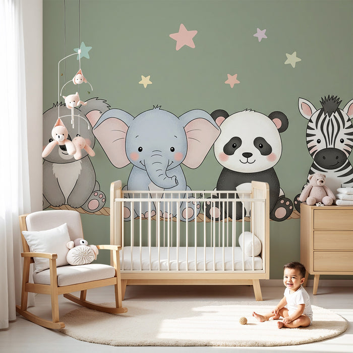 Papier peint chambre bébé | Animaux mignons et étoiles colorées