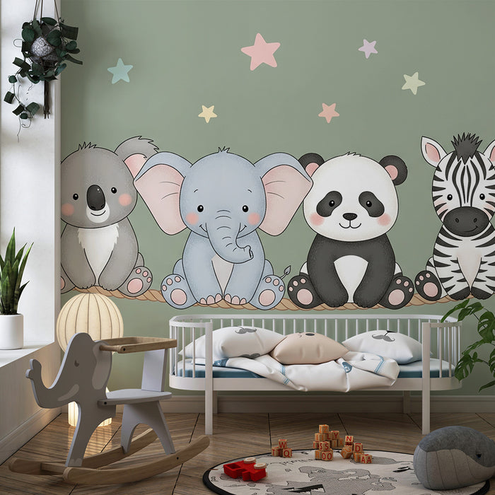 Papier peint chambre bébé | Animaux mignons et étoiles colorées