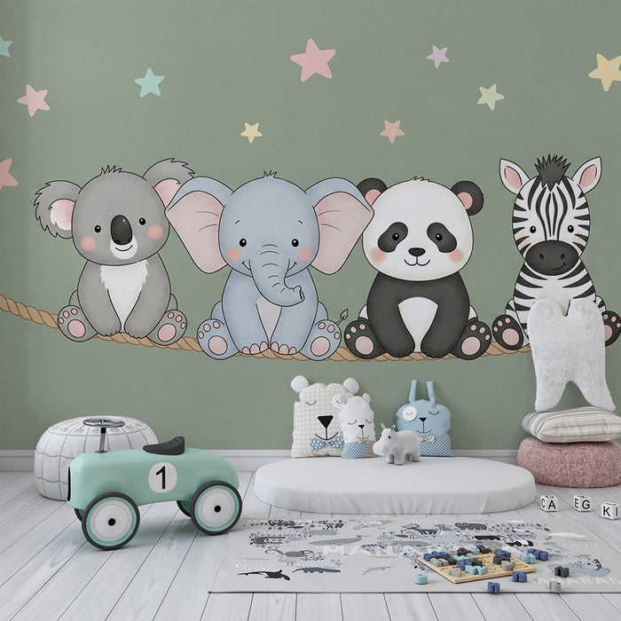 Papier peint chambre bébé | Animaux mignons et étoiles colorées