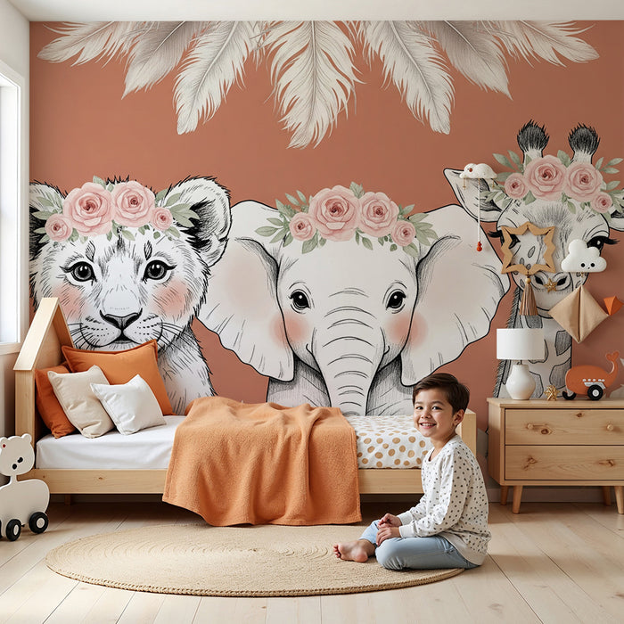 Papier peint chambre bébé | Animaux mignons et feuillage bohème