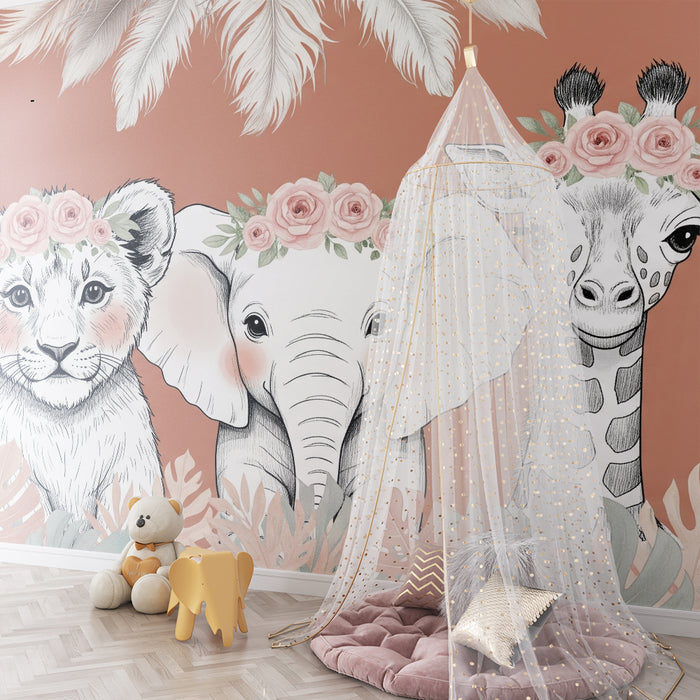 Papier peint chambre bébé | Animaux mignons et feuillage bohème