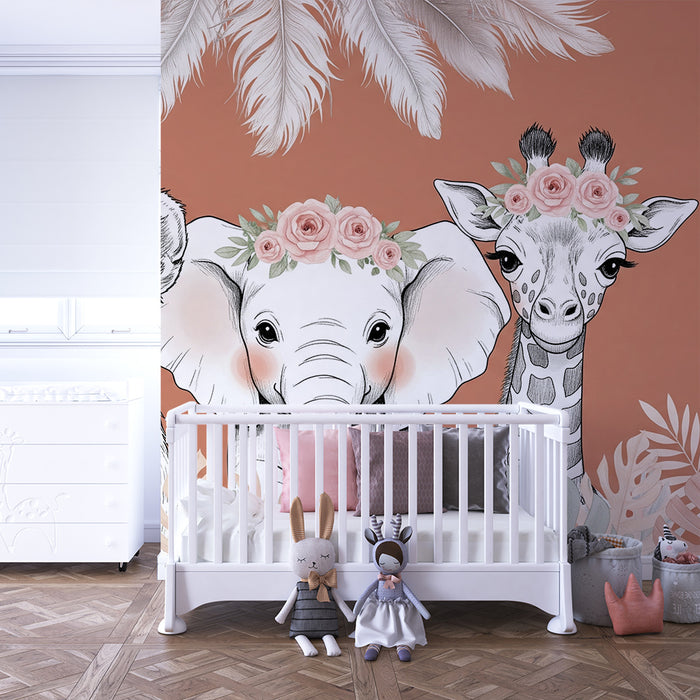 Papier peint chambre bébé | Animaux mignons et feuillage bohème
