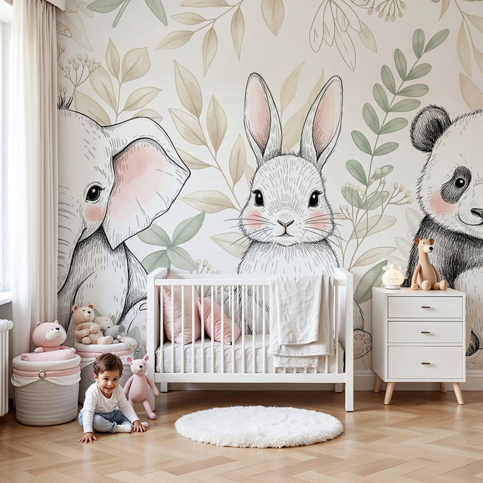 Papier peint chambre bébé | Animaux mignons et feuillage délicat