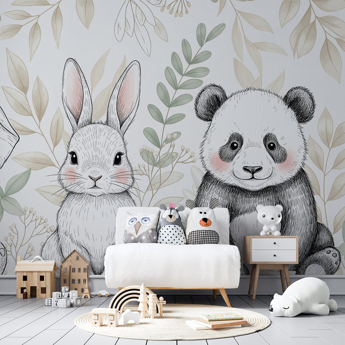 Papier peint chambre bébé | Animaux mignons et feuillage délicat