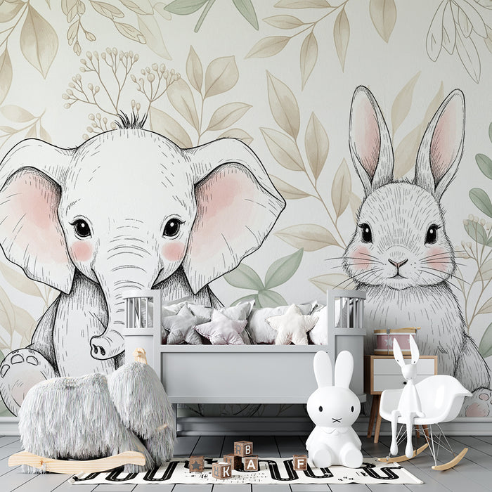 Papier peint chambre bébé | Animaux mignons et feuillage délicat