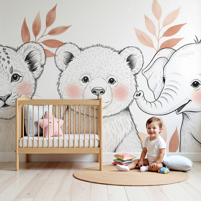 Papier peint chambre bébé | Animaux mignons et feuillage doux