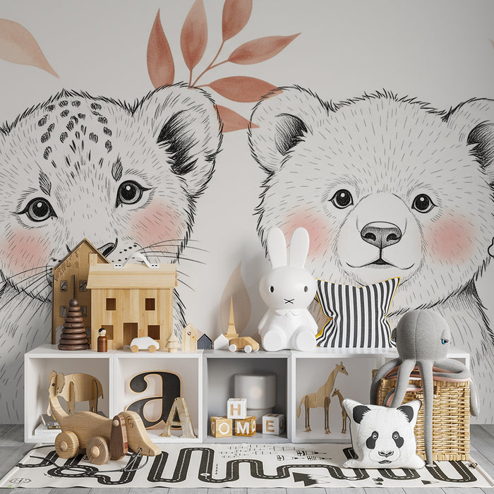 Papier peint chambre bébé | Animaux mignons et feuillage doux