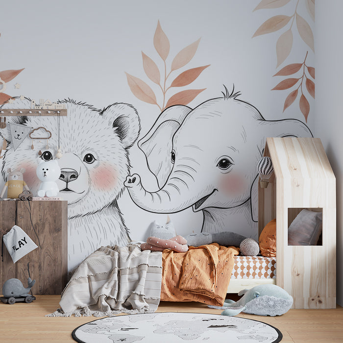 Papier peint chambre bébé | Animaux mignons et feuillage doux