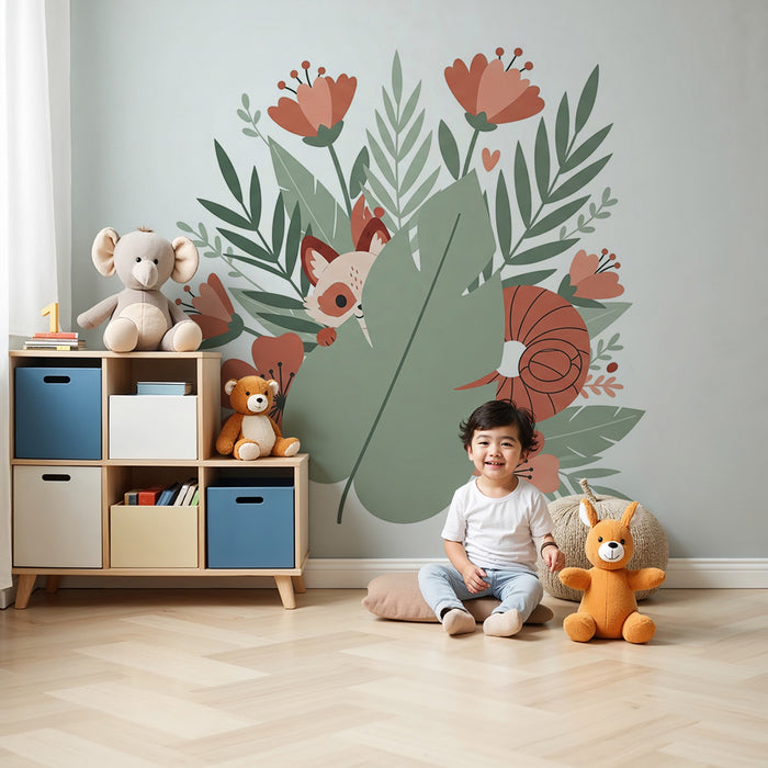 Papier peint chambre bébé | Animaux mignons et fleurs colorées
