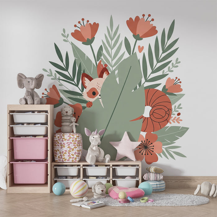 Papier peint chambre bébé | Animaux mignons et fleurs colorées