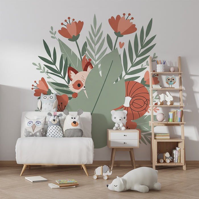 Papier peint chambre bébé | Animaux mignons et fleurs colorées