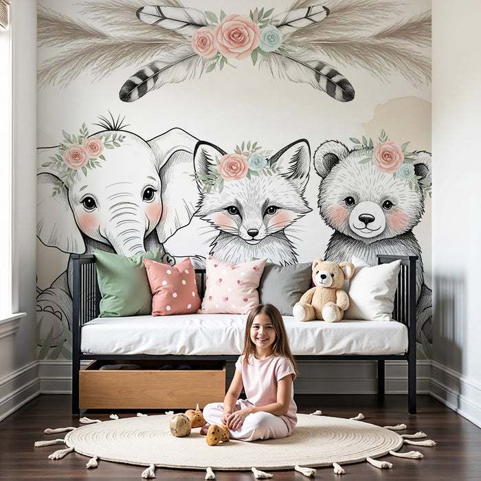 Papier peint chambre bébé | Animaux mignons et fleurs délicates