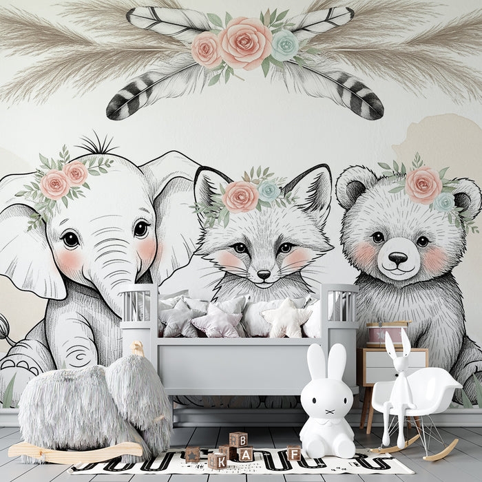 Papier peint chambre bébé | Animaux mignons et fleurs délicates