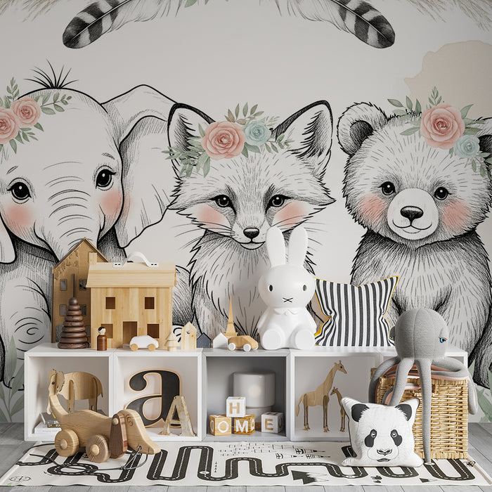 Papier peint chambre bébé | Animaux mignons et fleurs délicates
