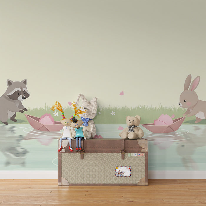 Børneværelse tapet | Søde dyr leger ved vandkanten med lotusblomster