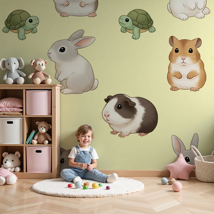 Papier peint chambre bébé | Animaux mignons : lapins, cobayes et tortues sur fond jaune
