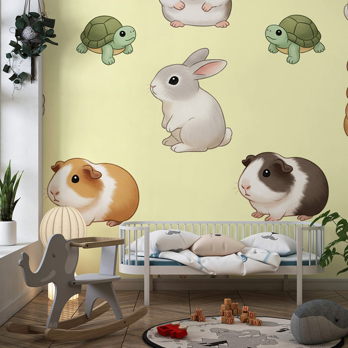 Papier peint chambre bébé | Animaux mignons : lapins, cobayes et tortues sur fond jaune
