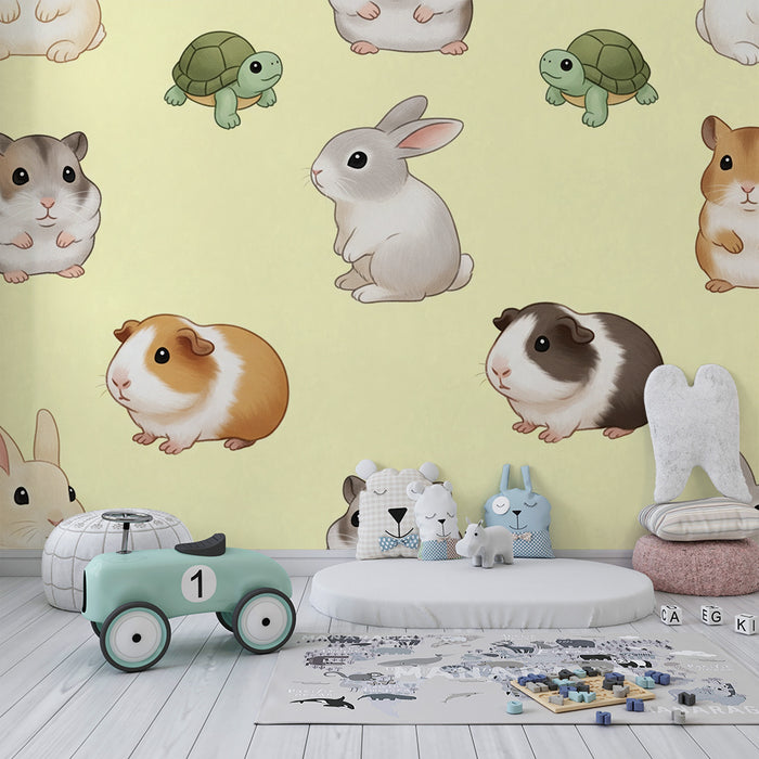Papier peint chambre bébé | Animaux mignons : lapins, cobayes et tortues sur fond jaune