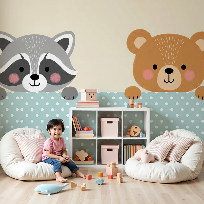 Papier peint chambre bébé | Animaux mignons : raton laveur et ours en peluche