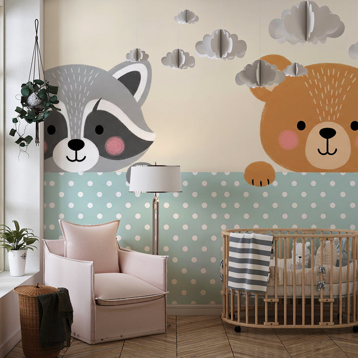 Papier peint chambre bébé | Animaux mignons : raton laveur et ours en peluche