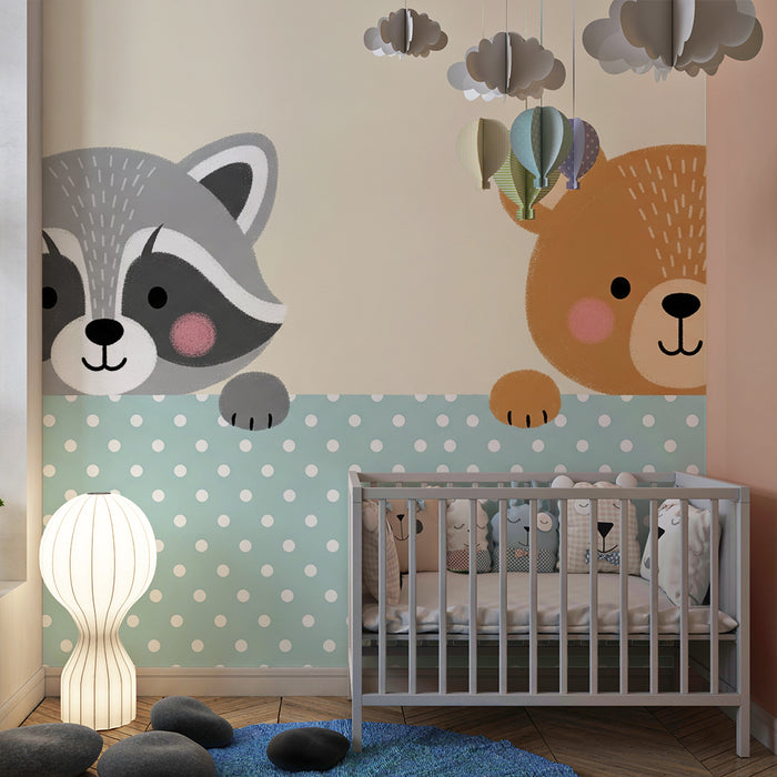 Papier peint chambre bébé | Animaux mignons : raton laveur et ours en peluche