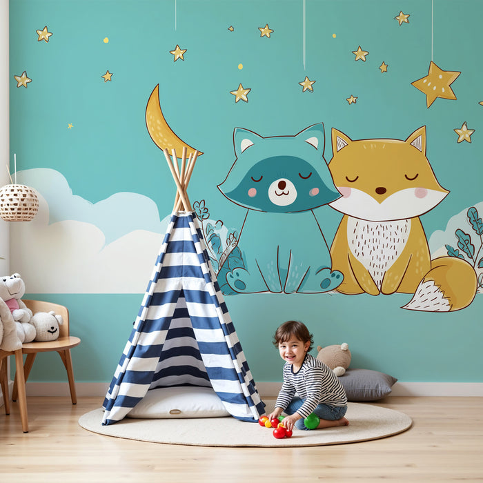 Papier peint chambre bébé | Animaux endormis sous les étoiles