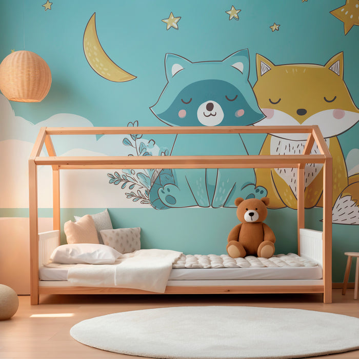 Papier peint chambre bébé | Animaux endormis sous les étoiles