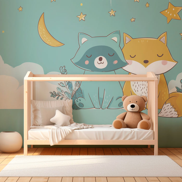 Papier peint chambre bébé | Animaux endormis sous les étoiles