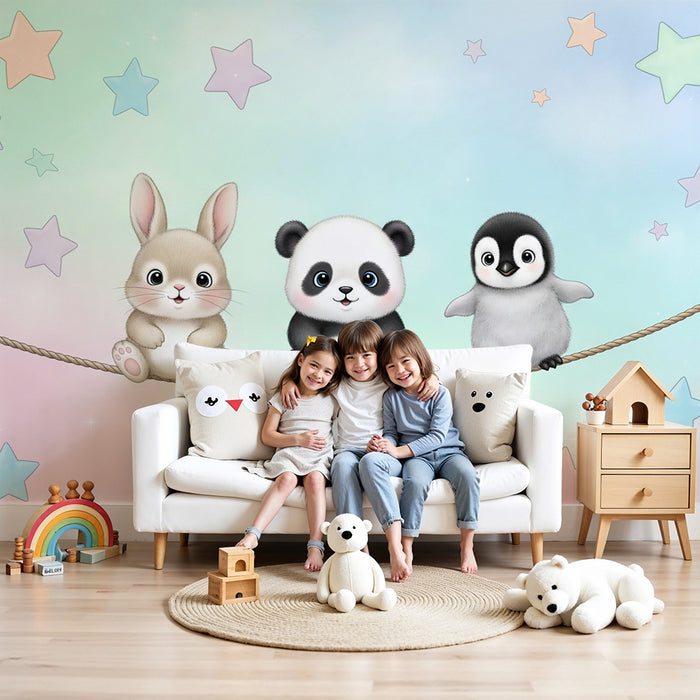 Barntapet | Söta djur under blå och rosa stjärnhimmel