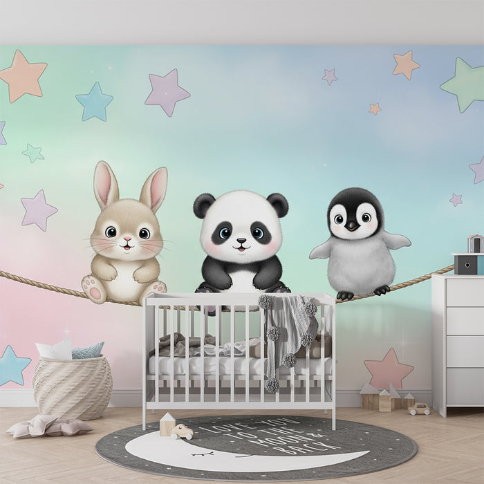 Barntapet | Söta djur under blå och rosa stjärnhimmel