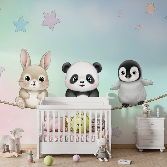 Barntapet | Söta djur under blå och rosa stjärnhimmel