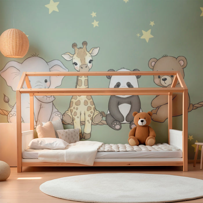 Barntapet | Söta djur under gula stjärnor och salvia grönt bakgrund