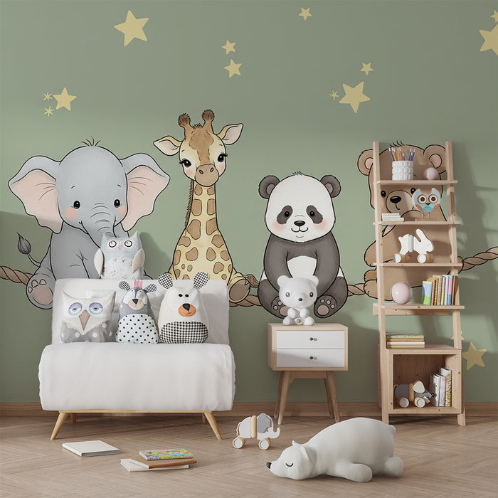 Barntapet | Söta djur under gula stjärnor och salvia grönt bakgrund