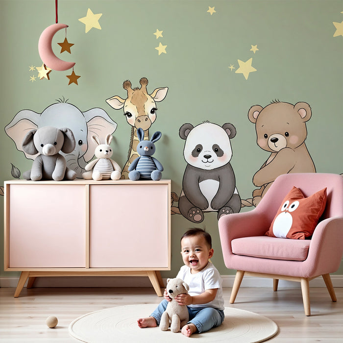 Barntapet | Söta djur under gula stjärnor och salvia grönt bakgrund