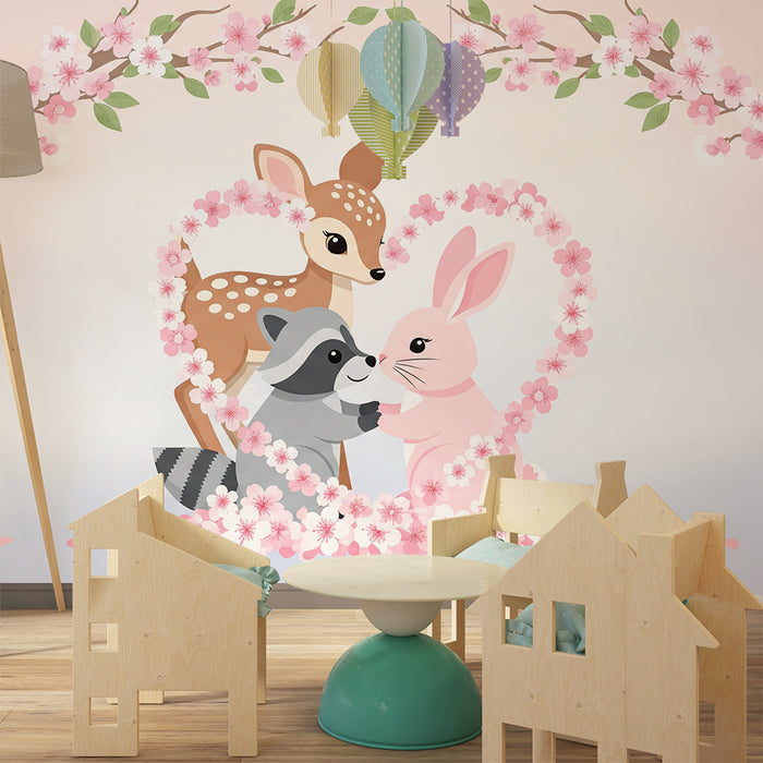 Tapet barnerom | Søte dyr under et blomstrende kirsebærtre og hjerte