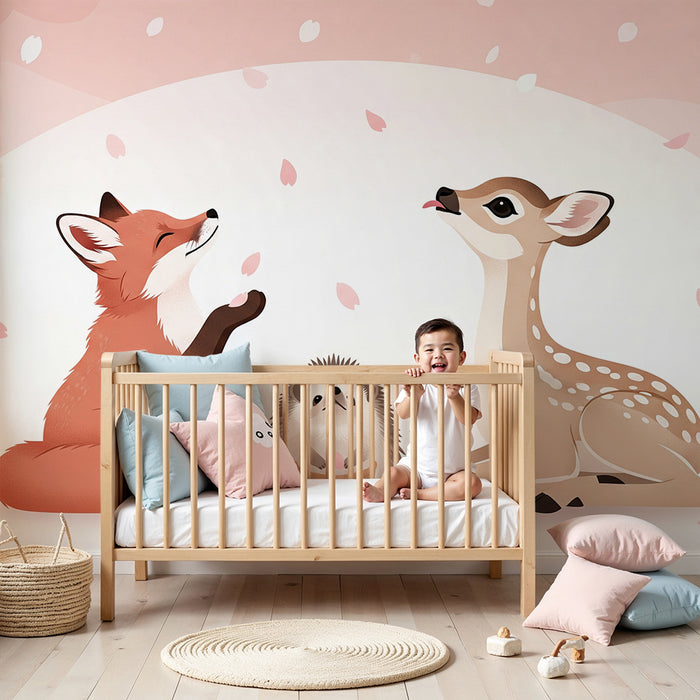 Børneværelse tapet | Søde dyr under en regn af kronblade