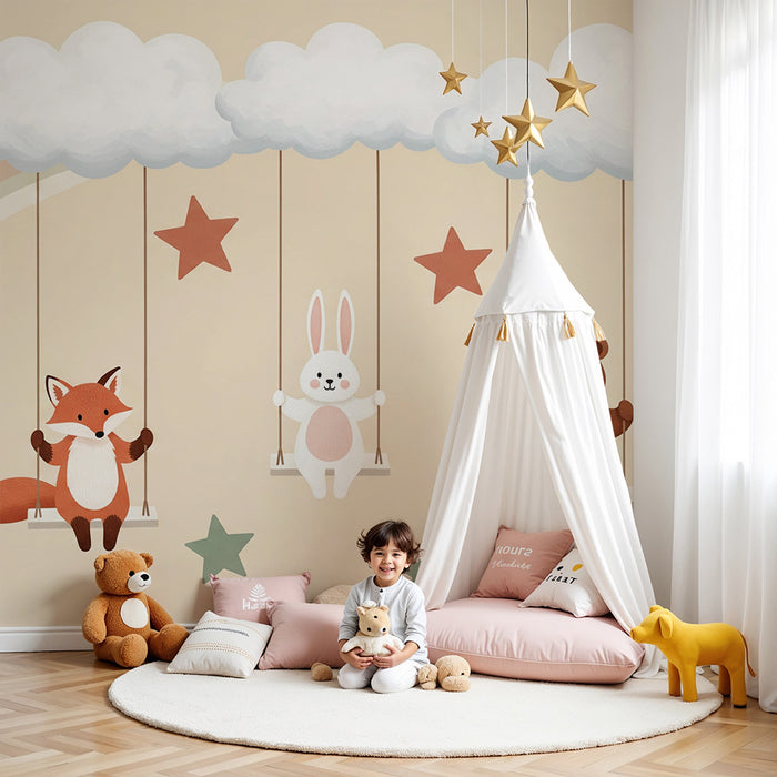 Papel de parede para quarto de bebé | Animais fofos em baloiços com nuvens e estrelas